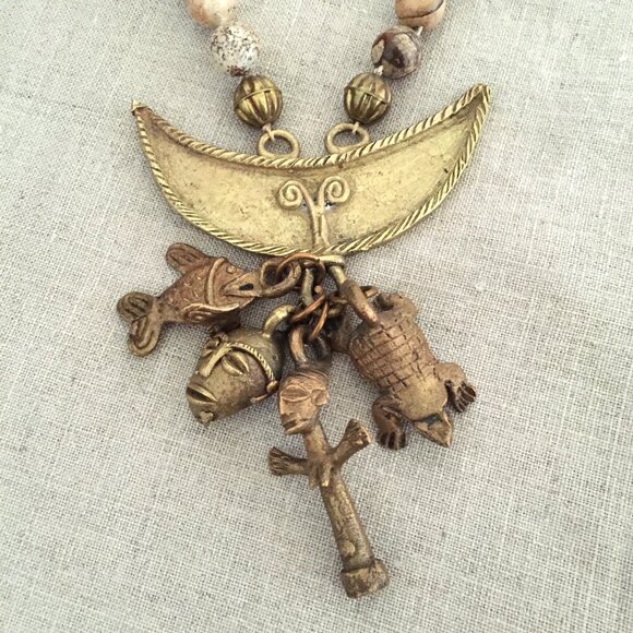 Vintage Jasper Beaded Necklace with Brass Charms - Picture 2 of 7